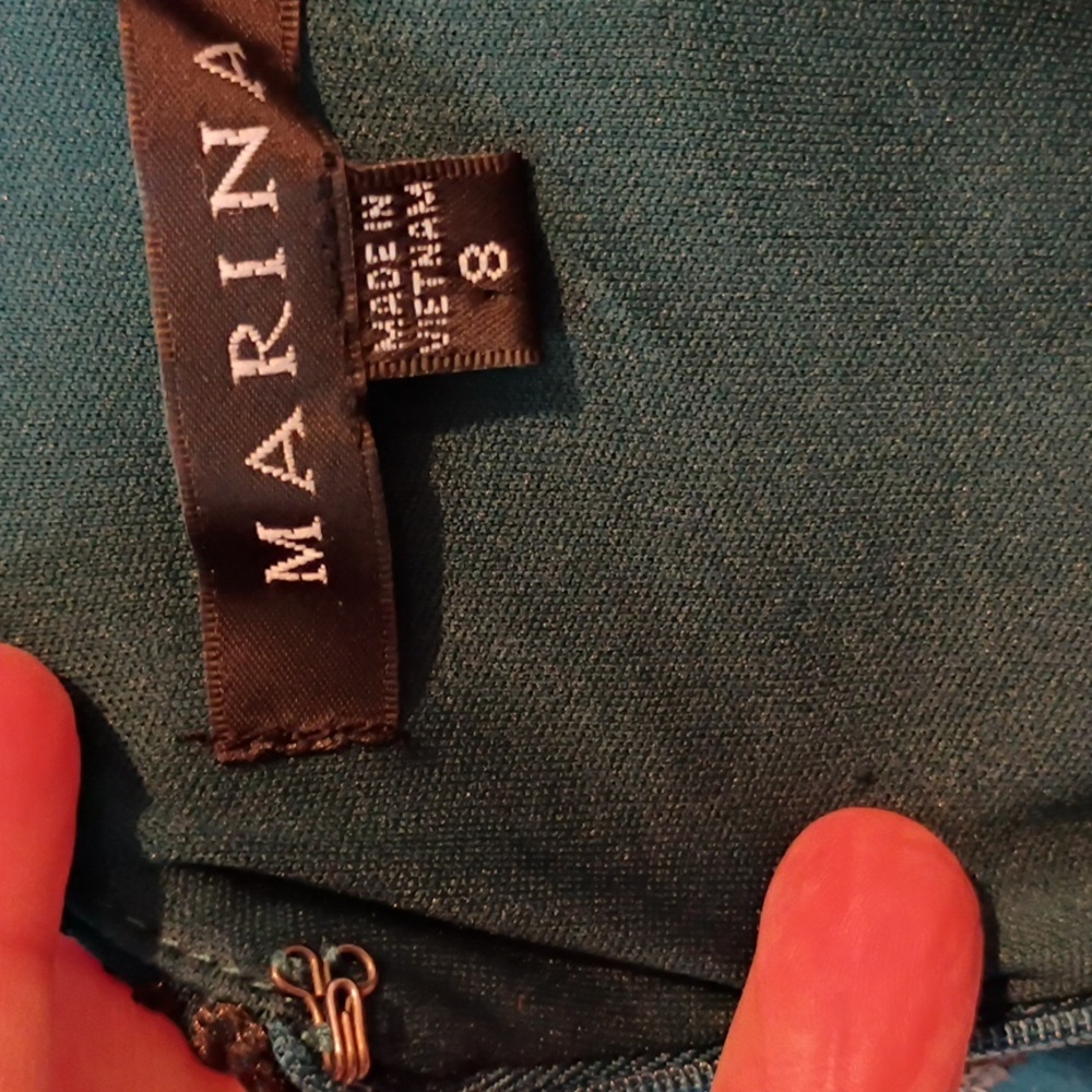 MARINA Green Knit Cocktail Dress With Black Embroidered & Sequined Pattern - Picture 2 of 5